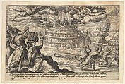Destruction of the Tower of Babel: at right men and women flee from the burning tower, at left men and women raise their hands toward two flying angels, from "Liber Genesis", Crispijn de Passe the Elder Netherlandish, Engraving