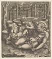 Silenus reclining before wine vats, Philippe de Soye Netherlandish, Engraving