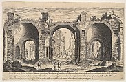 View of the Baths of Caracalla, indicating with inscribed letter 'A' the places from which columns were reportedly taken by Pope Pius IV to be sent to the Grand Duke of Florence, plate 19 from "Ruins of the antiquity of Rome, Tivoli, Pozzuoli, and other places" (Vestigi della antichità di Roma, Tivoli, Pozzvolo et altri luochi), Aegidius Sadeler II  Netherlandish, Etching and engraving