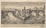 View of the church of San Bartolomeo all'Isola on Tiber Island, Rome, flanked by bridges, plate 37 from "Ruins of the antiquity of Rome, Tivoli, Pozzuoli, and other places" (Vestigi della antichità di Roma, Tivoli, Pozzvolo et altri luochi), Aegidius Sadeler II  Netherlandish, Etching and engraving