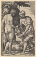 Tomyris, shown nude from behind, placing the head of Cyrus into a sack held by a soldier, the decapitated body of Cyrus on the ground at her feet, from "Four Mythological Scenes", Georg Pencz  German, Engraving