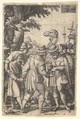 Joseph sold to the merchants: a bearded man grasping Joseph with his left hand receives coins in his right hand, from "The Story of Joseph", Georg Pencz  German, Engraving