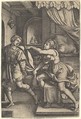 Joseph strides away from Potiphar's wife, who clutches his cloak with both hands as she straddles the corner of a bed, from "The Story of Joseph", Georg Pencz  German, Engraving