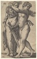 Judith walking to the left with the head of Holofernes in her right hand and a sword in her left hand, her servant standing behind the head to left, Sebald Beham German, Engraving