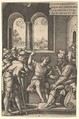 Joseph explains his dream to his brothers and father in an interior setting; the sun, moon, and stars above a landscape in the portal beyond, from "The Story of Joseph", Georg Pencz  German, Engraving