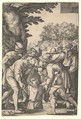 Joseph lowered into a well by his brothers, from "The Story of Joseph", Georg Pencz  German, Engraving