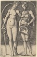 Judith standing to right and holding the head of Holofernes in her right hand and a sword in her left hand, her servant standing to right holding an open bag, Sebald Beham German, Engraving
