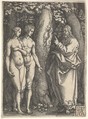 God at right forbidding the nude Adam and Eve at left to eat from the tree of knowledge in center, from "Adam and Eve", Heinrich Aldegrever German, Engraving