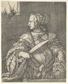Judith, half-length and in profile to the left, a sword in her right hand and the head of Holofernes in her left hand, an open window at top left, Barthel Beham  German, Engraving