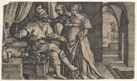 Sarah presenting Hagar to Abraham, who sits at the foot of a bed, from "The Story of Abraham", Georg Pencz  German, Engraving