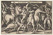 Hercules with his club in center fighting a centaur, other men fighting centaurs to left and right, from "The Labors of Hercules", Sebald Beham  German, Engraving; fourth of five states