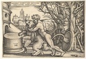 Hercules, in profile, killing the Nemean lion with his arm around its neck, from "The Labors of Hercules", Sebald Beham German, Engraving; second of two states