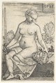 Judith, seated nude with a sword in her right hand, gazing down at the head of Holofernes in her left hand, Barthel Beham  German, Engraving
