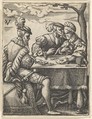 Two men and a woman playing cards at a table, one man pressing his nose toward the woman's forehead, from a series of ten scenes of musicians and couples dancing, drinking, playing music, and playing cards, Virgil Solis German, Engraving