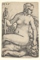 Judith, looking towards the right, seated nude atop the dead body of Holofernes, with a sword in her right hand and the head of Holofernes in her left hand, Barthel Beham  German, Engraving