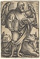 Saint Luke with his head turned in profile to the right, a book in each hand, a bull at his feet, plate 3 from "The Four Evangelists", Sebald Beham German, Engraving; fifth of five states