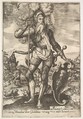 St. William of Aquitaine in armor bearing a standard in his right hand and resting his left hand on a shield, a landscape beyond, Martinus Martini  Swiss, Etching