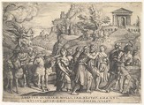 Triumph of Love: four horses draw a carriage with Cupid standing upon a smoking platform, preceded by gods and goddesses on foot, a temple with gabled pediment at crest of hill beyond, from "The Triumphs of Petrarch", Georg Pencz  German, Engraving