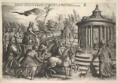 Triumph of Chastity: unicorns draw a carriage bearing a female figure seated next to a sphinx and holding a standard, Vestal virgins walk behind the carriage, round temple of Vesta at right, from "The Triumphs of Petrarch", Georg Pencz  German, Engraving