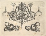 A fantastic chandelier with burning candles and arabesques, some ending in fantastic horse forms, from "Neue Grotessken Buch", Christoph Jamnitzer  German, Etching