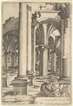 Boats Rowed Through Inundated Ruins, Virgil Solis German, Etching