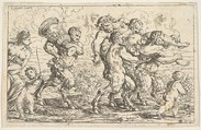 Three satyrs carrying the drunken Silenus, preceded by a putto carrying grapes; behind them a satyr carrying a large vessel, a putto, and a bare-breasted woman, Jonas Umbach  German, Etching