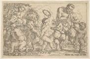 Satyr playing a pipe beside a putti holding a mask, surrounded by putti climbing over a low wall and dancing with musical instruments, Jonas Umbach  German, Etching