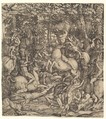 Battle between cavalry and infantry in a wood, Hieronymus Hopfer  German, Etching; first state