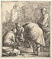 Man Adjusting His Footwear, at Left Three Men Playing Cards, Thomas Wijck  Dutch, Etching