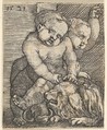 Two Boys Playing with a Dog, Barthel Beham  German, Engraving