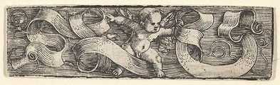 Boy Stepping to the Right over Banderoles, Barthel Beham  German, Engraving; first of two states