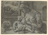 The Virgin and Child with the Skull (copy), Barthel Beham  German, Engraving printed on blue paper