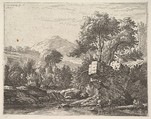 Two men standing ankle-deep in a body of water with a rocky outcrop behind them, to the left a rocky bank, trees and a hilltop beyond, Karel Dujardin Dutch, Etching