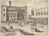 View of the Campidoglio on the Capitoline Hill, with equestrian statue at lower right, from "The Small book of Roman ruins and buildings" (Operum antiquorum romanorum), Johannes van Doetecum I  Netherlandish, Etching