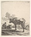 Cowherd with cow and calf on a hillside, the cowherd viewed from behind and seated in the grass, the cow standing and facing the recumbent calf, a village beyond, Karel Dujardin Dutch, Etching