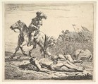 Battlefield with horseman looking over his left shoulder toward stripped corpse on the ground, a clothed figure and horse lying to the right, horsemen carrying flags beyond, Karel Dujardin Dutch, Etching