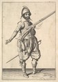 A soldier on guard freeing his right hand, from the Marksmen series, plate 37, in "Wapenhandelinghe van Roers Musquetten Ende Spiessen" (The Exercise of Arms), Jacques de Gheyn II Netherlandish, Engraving; second state of two (New Hollstein)