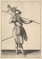 The second movement for bringing the pike on to the shoulder and holding it horizontally, from the Lansquenet series, plate 9, in "Wapenhandelinghe van Roers Musquetten Ende Spiessen" (The Exercise of Arms), Jacques de Gheyn II Netherlandish, Engraving; second state of three (New Hollstein)
