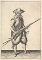 A soldier shaking the powder from the top of the pan, from the Musketeers series, plate 19, in "Wapenhandelinghe van Roers Musquetten Ende Spiessen" (The Exercise of Arms), Jacques de Gheyn II Netherlandish, Engraving; third state of four (New Hollstein)