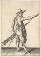 A soldier pulling out the ramrod from its holder, from the Musketeers series, plate 25, in "Wapenhandelinghe van Roers Musquetten Ende Spiessen" (The Exercise of Arms), Jacques de Gheyn II Netherlandish, Engraving; second state of three (New Hollstein)