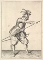 A soldier sliding his right hand along the training-pike, from the Lansquenets series, plate 22, in "Wapenhandelinghe van Roers Musquetten Ende Spiessen" (The Exercise of Arms), Jacques de Gheyn II Netherlandish, Engraving; second state of three (New Hollstein)