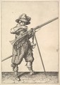 A soldier blowing on a match, from the Musketeers series, plate 40, in "Wapenhandelinghe van Roers Musquetten Ende Spiessen" (The Exercise of Arms), Jacques de Gheyn II Netherlandish, Engraving; third state of five (New Hollstein)