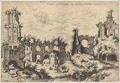View of ruins on the Palatine Hill with trabeated facade at left and arcades at center, from "The Ruins of Rome" (Praecipua aliquot Romanae antiquitatis ruinarum monimenta, vivis prospectibus)
, Hieronymus Cock Netherlandish, Etching