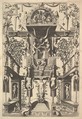 Fantastic Architecture Structure with Strapwork and Two Pergolas and a Small Scene with Vulcan's Forge at the Top, Cornelis Floris II Netherlandish, Etching and engraving