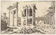 View of unidentified ruins with trabeated facade at left, arcades at center, and arch at right, from "The Roman Ruins" (Praecipua aliquot Romanae antiquitatis ruinarum monimenta, vivis prospectibus), Hieronymus Cock Netherlandish, Etching and engraving