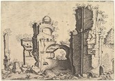 View of ruins, possibly the Baths of Caracalla, from "The Small book of Roman ruins and buildings" (Operum antiquorum romanorum), Hieronymus Cock Netherlandish, Etching and engraving