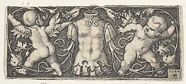Horizontal Panel with Armor at Center, Flanked by Two Genii, Sebald Beham  German, Engraving; first state of two (Pauli)