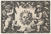 A Mask on an Escutcheon Supported by Two Genii, Sebald Beham  German, Engraving; second state of two (Pauli)