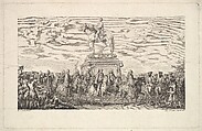The Inauguration of the Statue of Louis XV, Vignette on page 1, from Description des Travaux qui ont précédé. accompagné et suivi la fonte en bronze d'un seul jet de la Statue Equèstre de Louis XV le bien-aimé dressée sur les mémoires de M. Lempereur ancien Echevin.  Par M. Mariette, Honoraire amateur de l'Académie Royale de Peinture et Sculpture, A Paris de l'Imprimerie de P.G. Le Mercier, Augustin de Saint-Aubin (French, Paris 1736–1807 Paris), Etching and engraving; second state of two (Bocher)