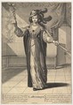 Rhetoric: a young woman standing in a decorated interior with a caduceus in her right hand and a closed fan in her left hand, from "The liberal arts" (Les arts liberaux), Gilles Rousselet French, Engraving
